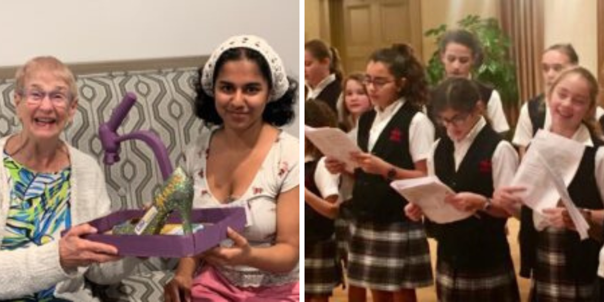 Left: A memory care resident at Poydras Home smiles while receiving a gift basket from a volunteer visitor. Right: Young students in school uniforms sing for residents as part of a community engagement program at Poydras Home in New Orleans.